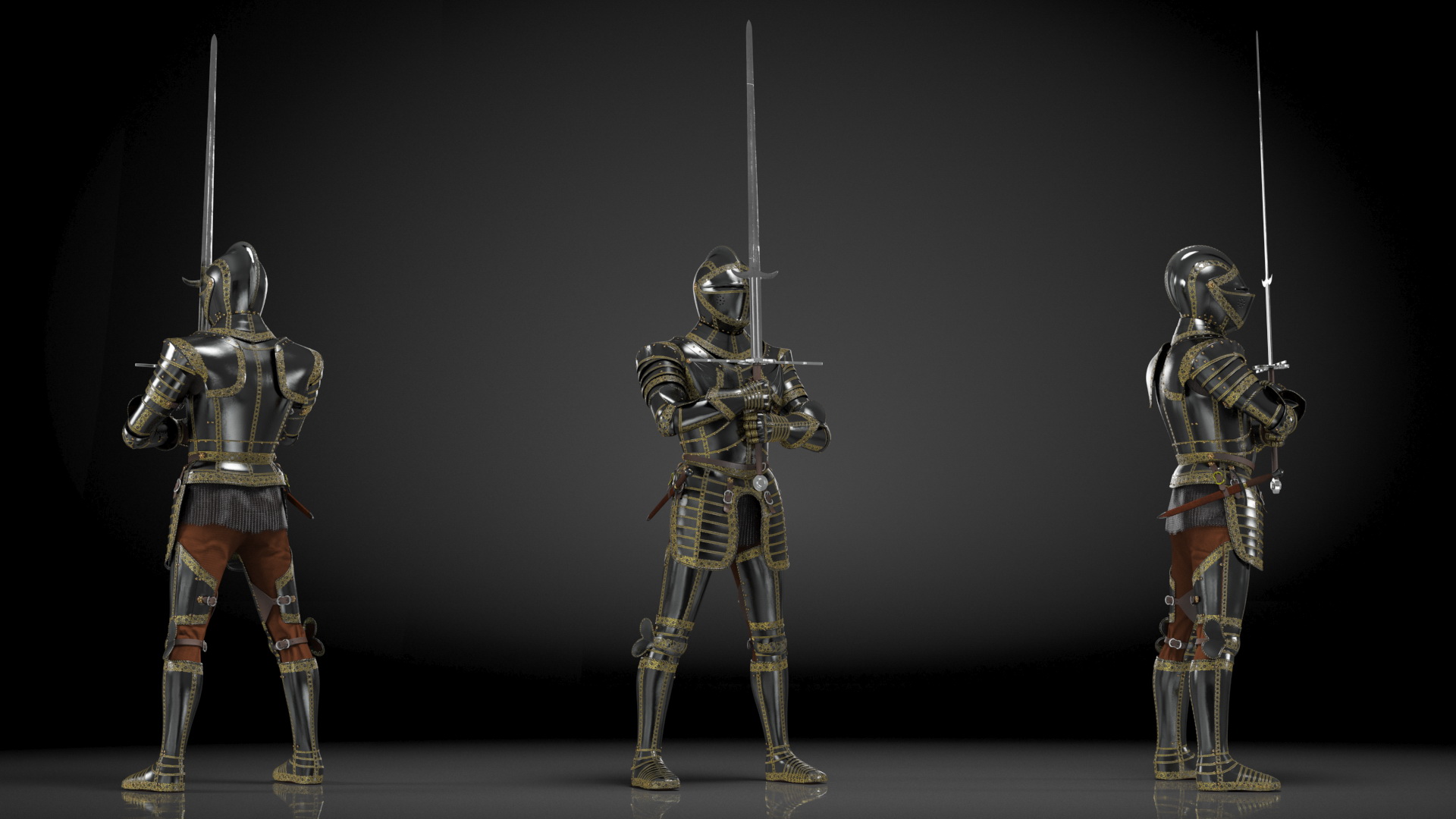 3D Medieval Knight Black Gold Full Armor Holding Zweihander Pose