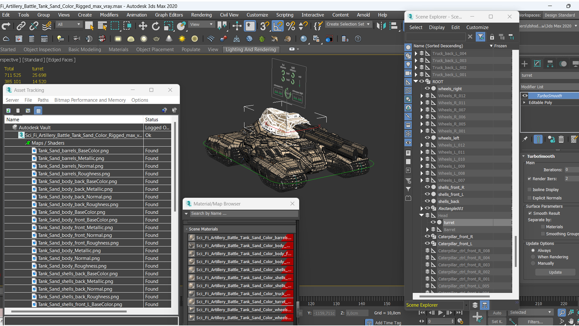 3D Sci Fi Artillery Battle Tank Sand Color Rigged