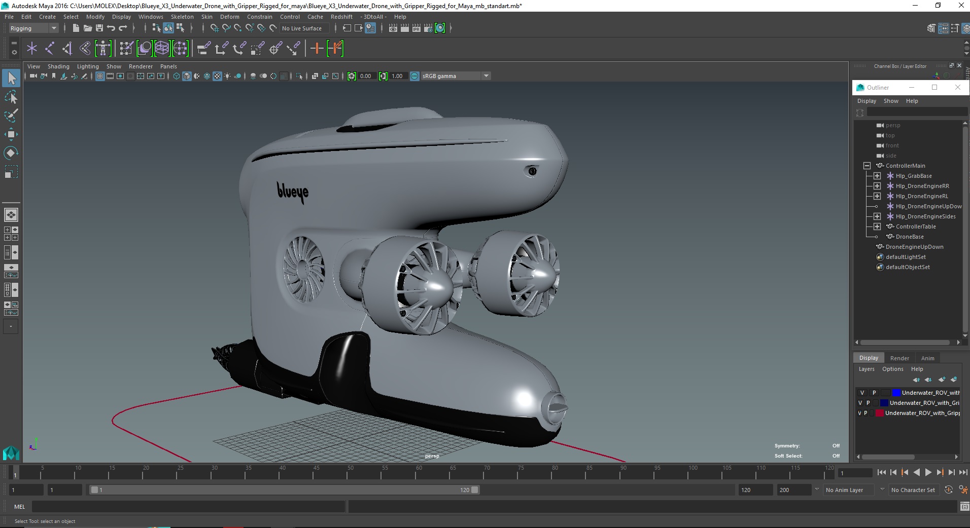 3D model Blueye X3 Underwater Drone with Gripper Rigged for Maya