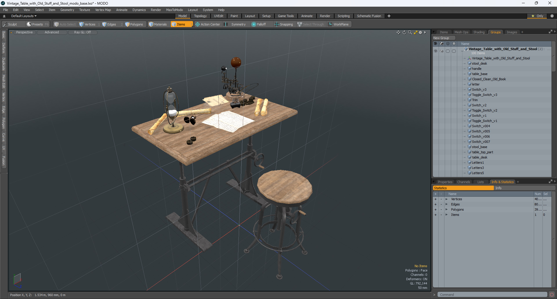 Vintage Desk with Old Stuff and Stool 3D