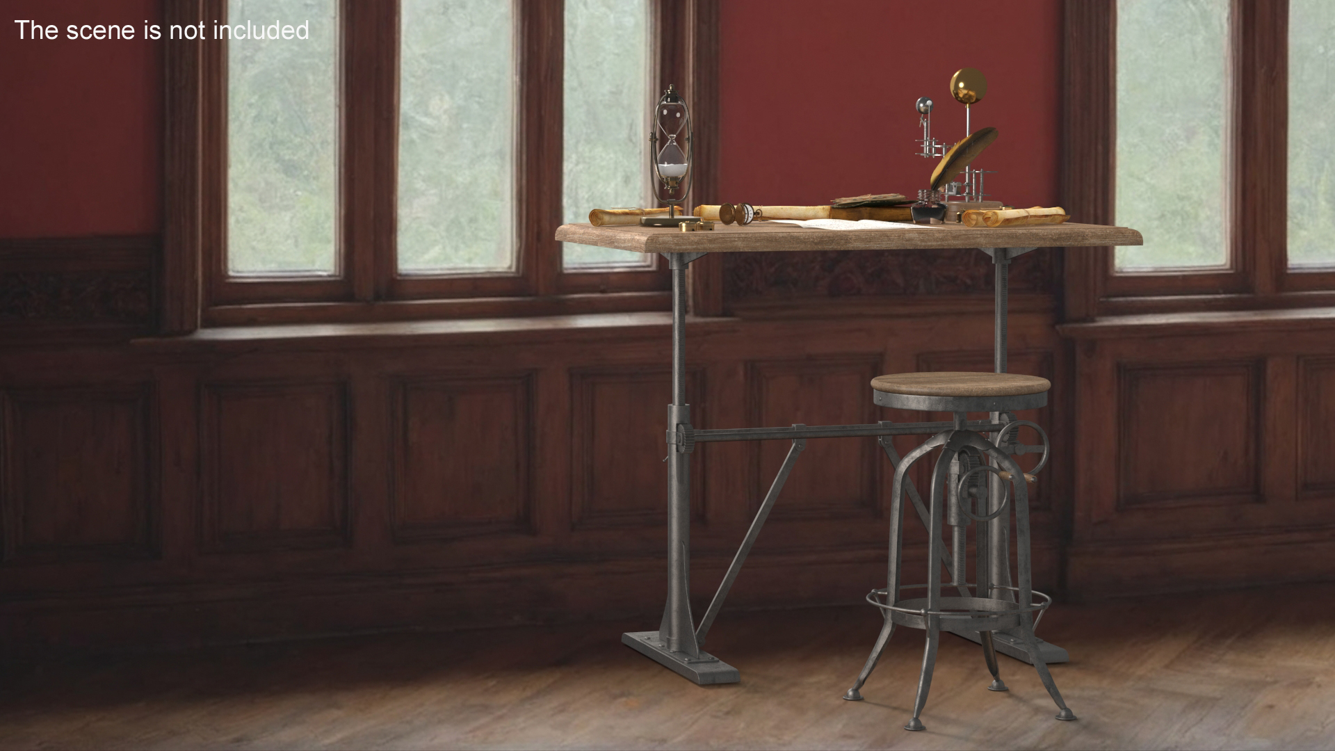 Vintage Desk with Old Stuff and Stool 3D