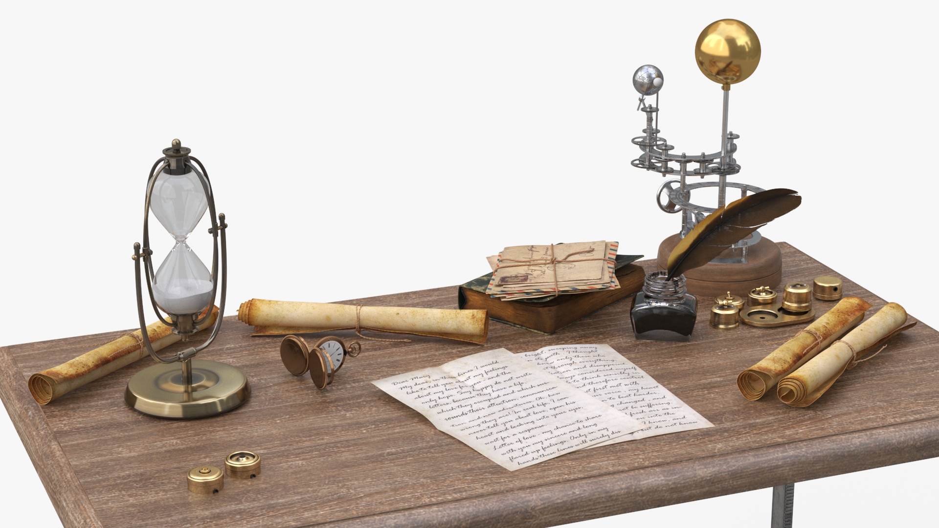 Vintage Desk with Old Stuff and Stool 3D