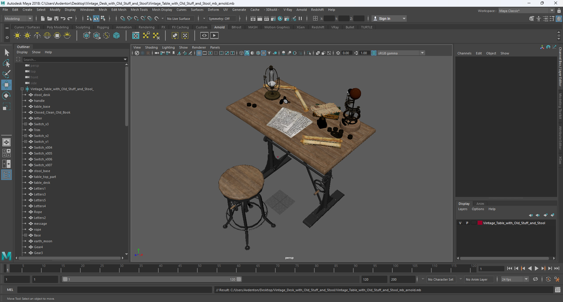 Vintage Desk with Old Stuff and Stool 3D