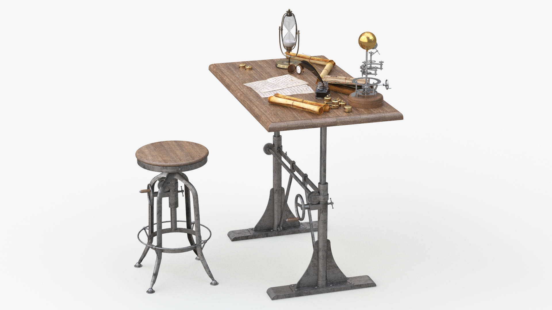 Vintage Desk with Old Stuff and Stool 3D