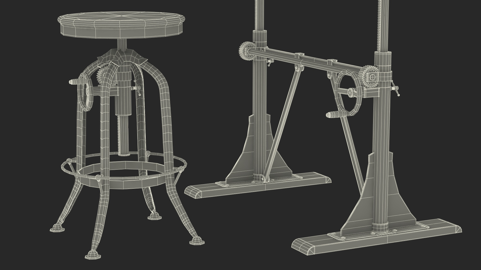 Vintage Desk with Old Stuff and Stool 3D