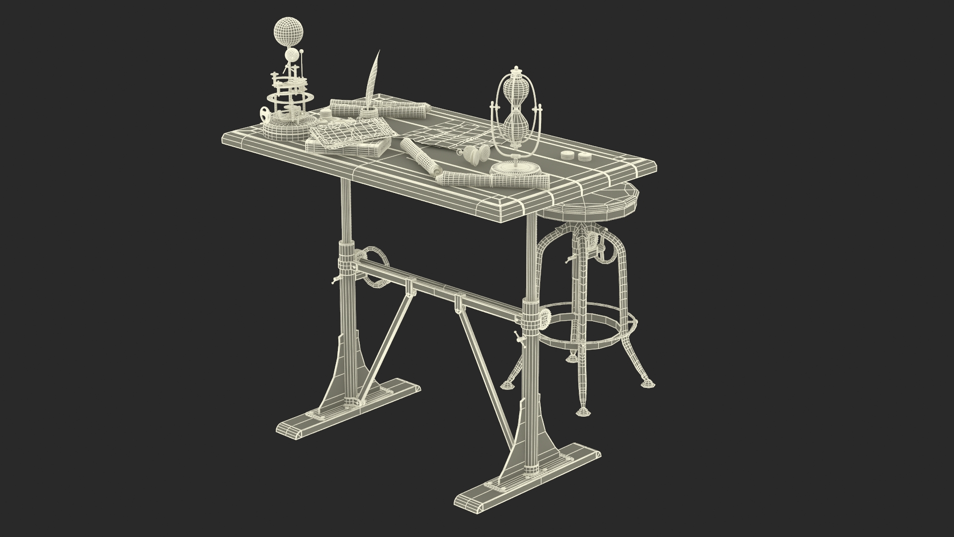 Vintage Desk with Old Stuff and Stool 3D