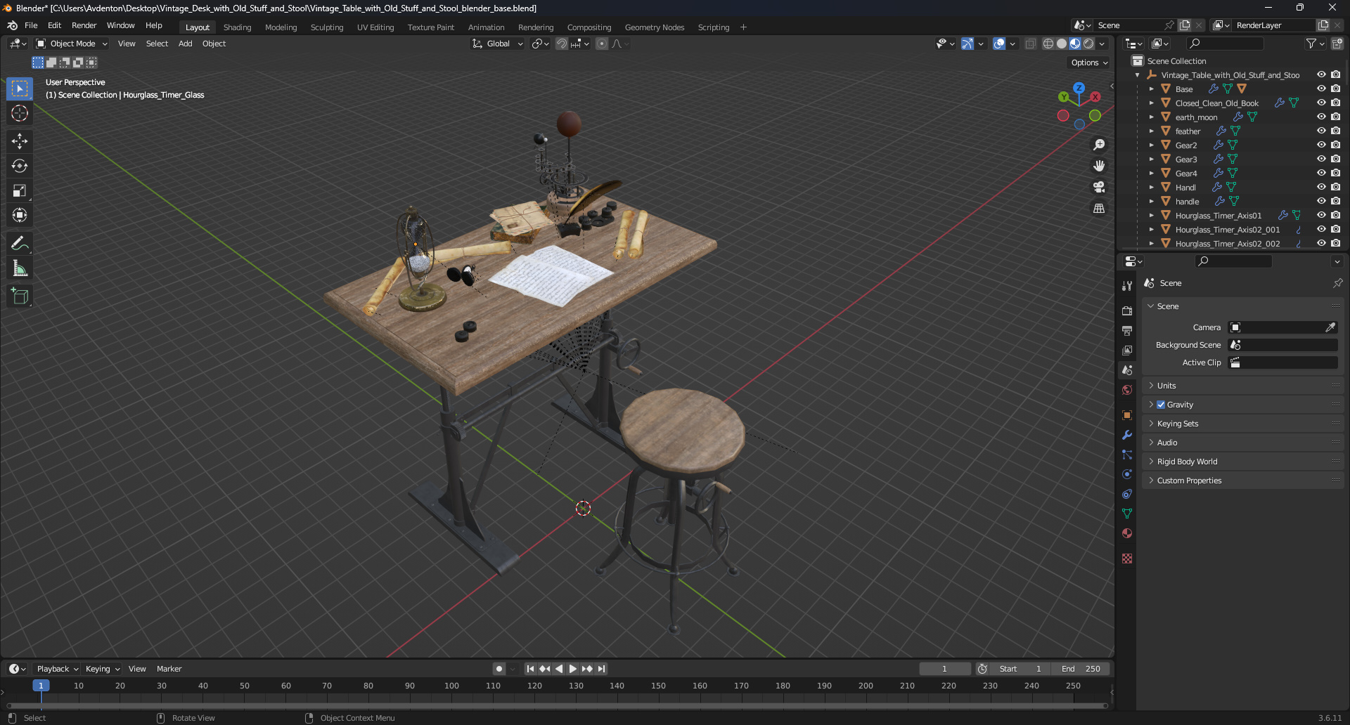 Vintage Desk with Old Stuff and Stool 3D