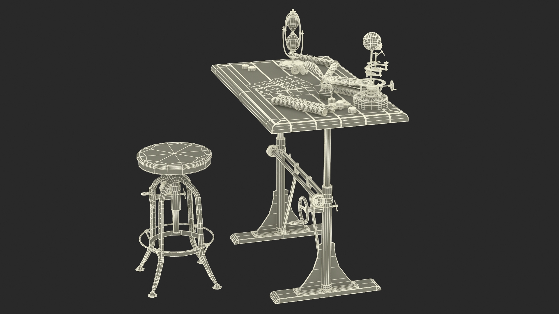Vintage Desk with Old Stuff and Stool 3D