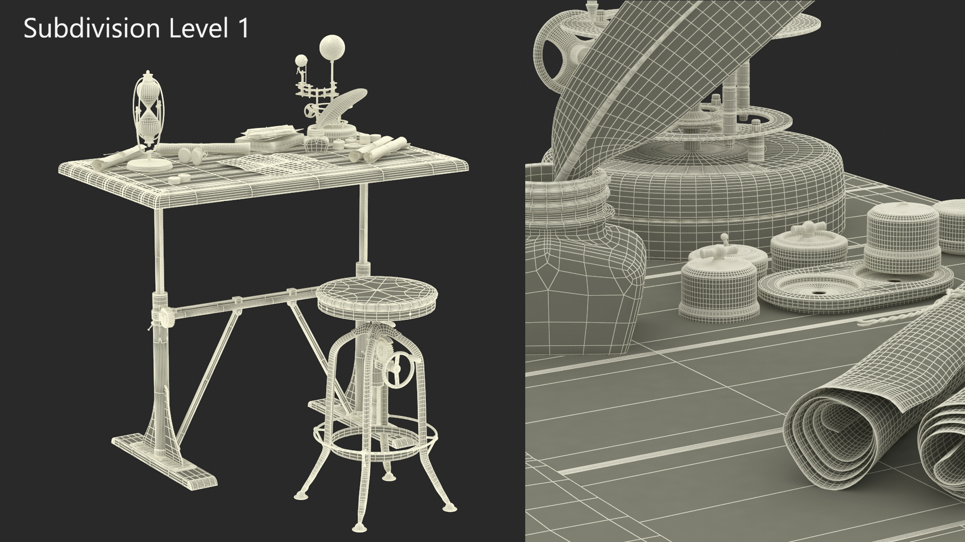Vintage Desk with Old Stuff and Stool 3D