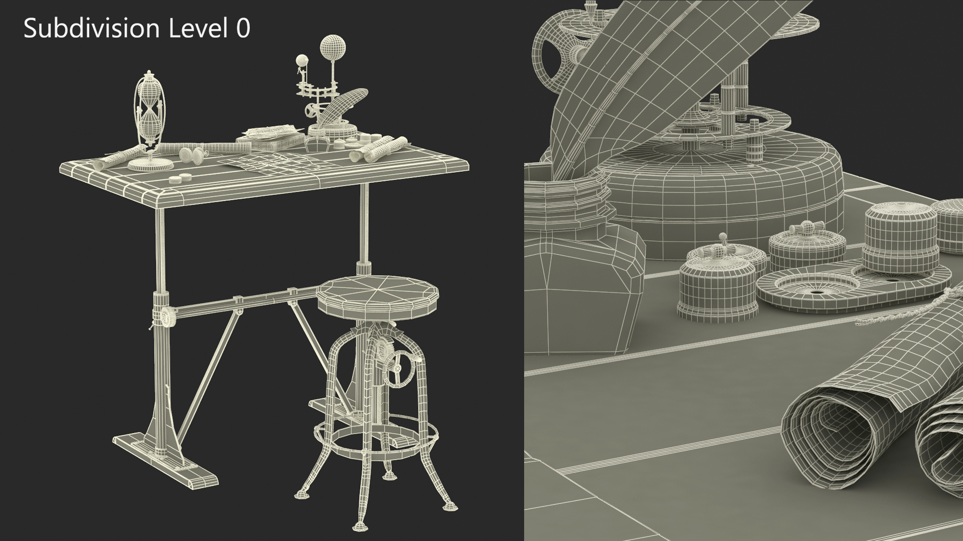 Vintage Desk with Old Stuff and Stool 3D