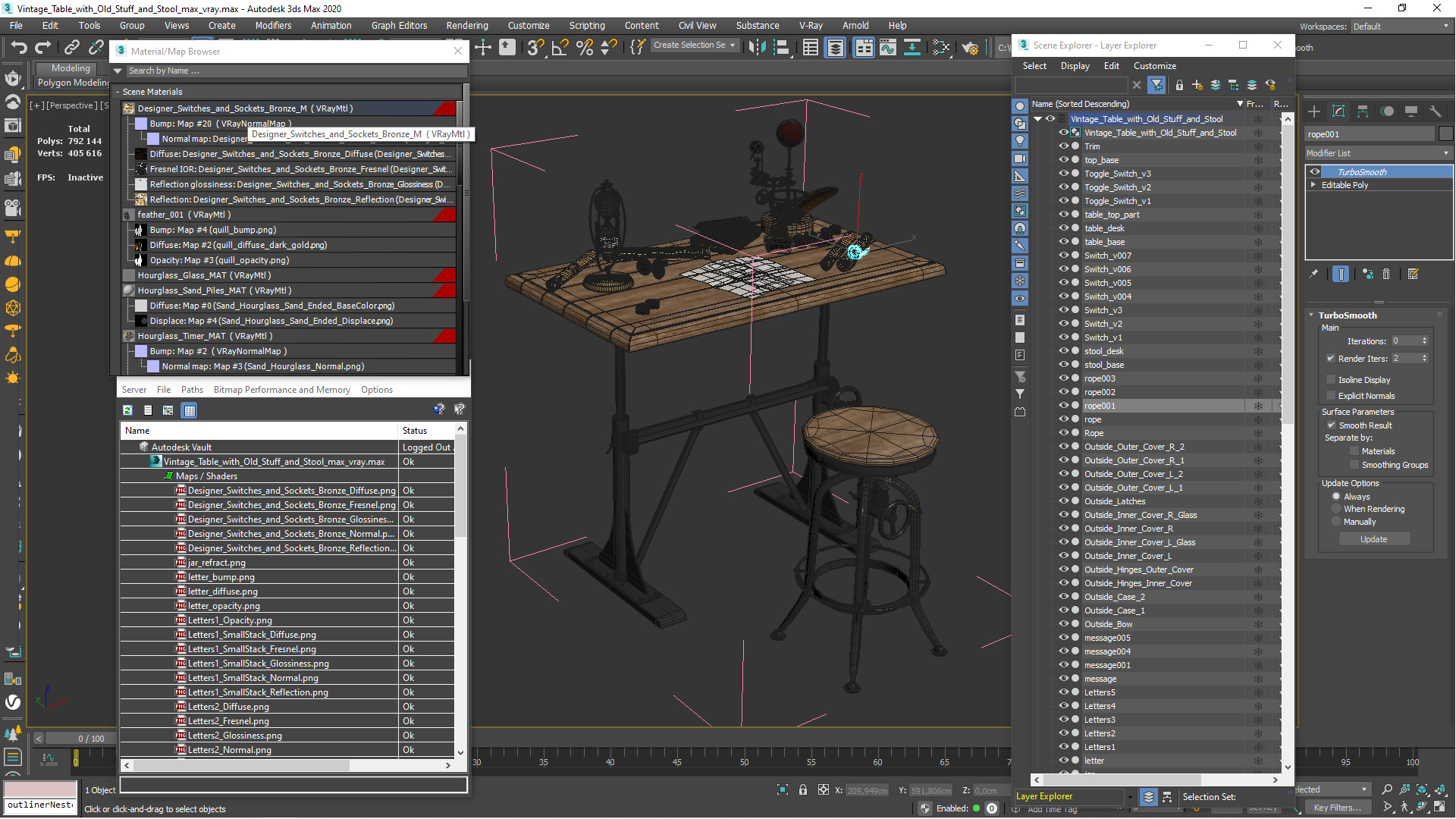 Vintage Desk with Old Stuff and Stool 3D