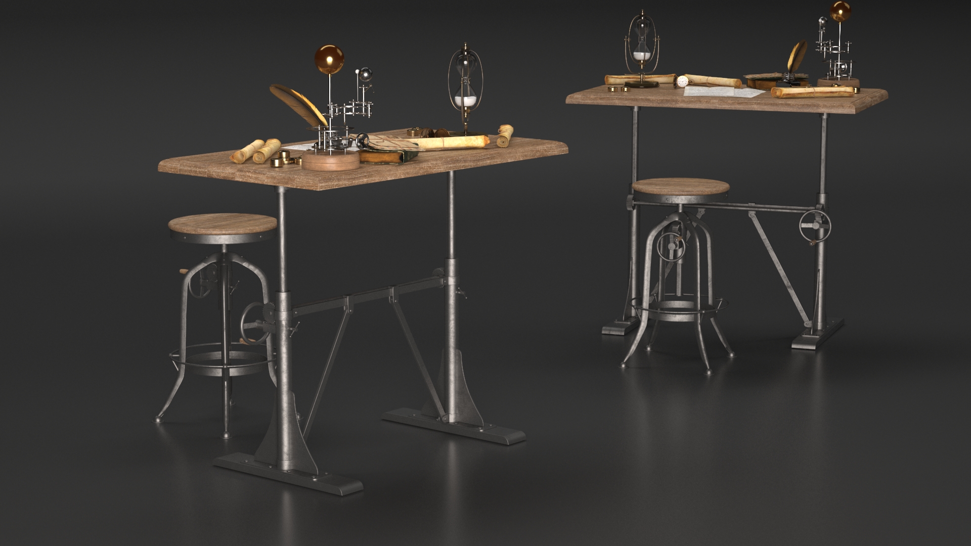 Vintage Desk with Old Stuff and Stool 3D