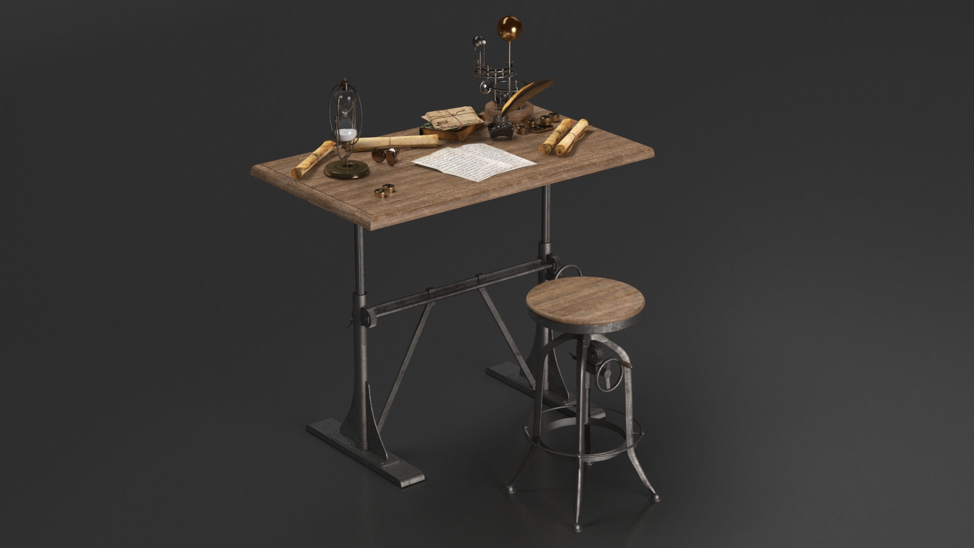 Vintage Desk with Old Stuff and Stool 3D