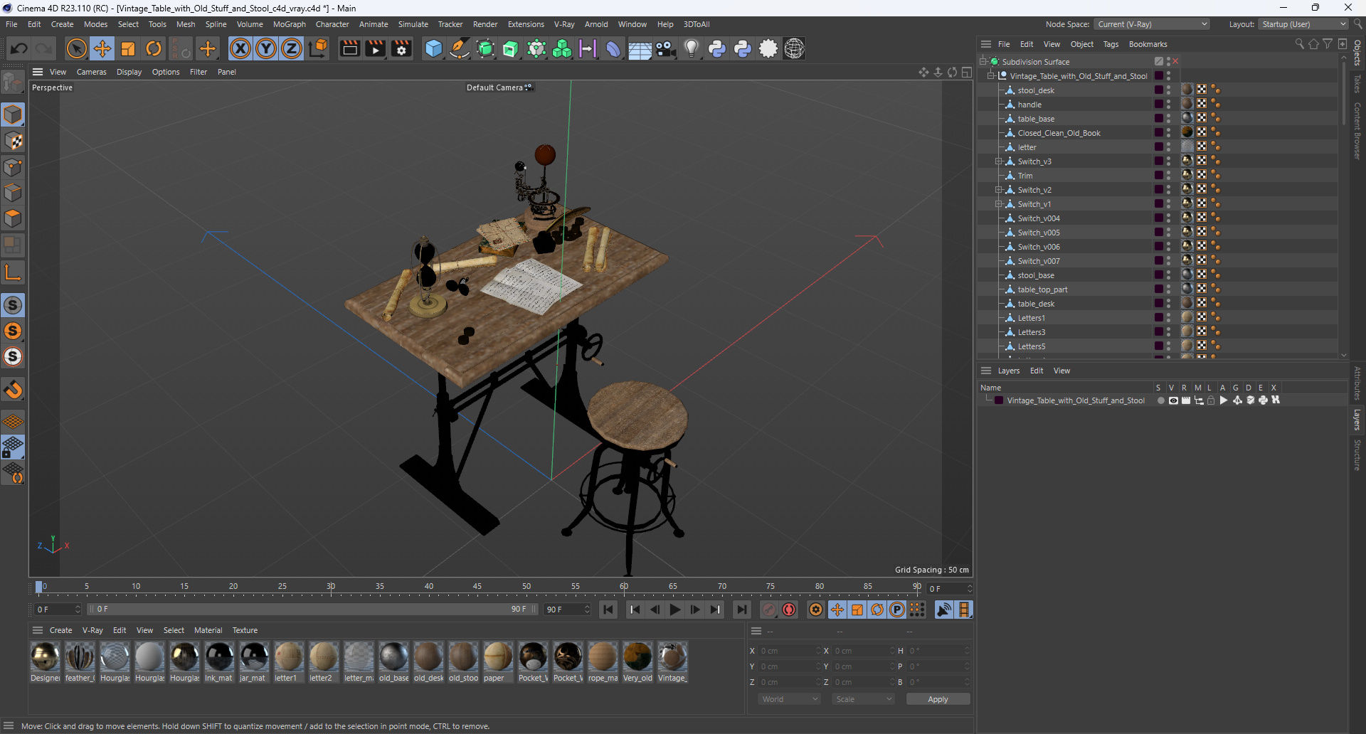 Vintage Desk with Old Stuff and Stool 3D