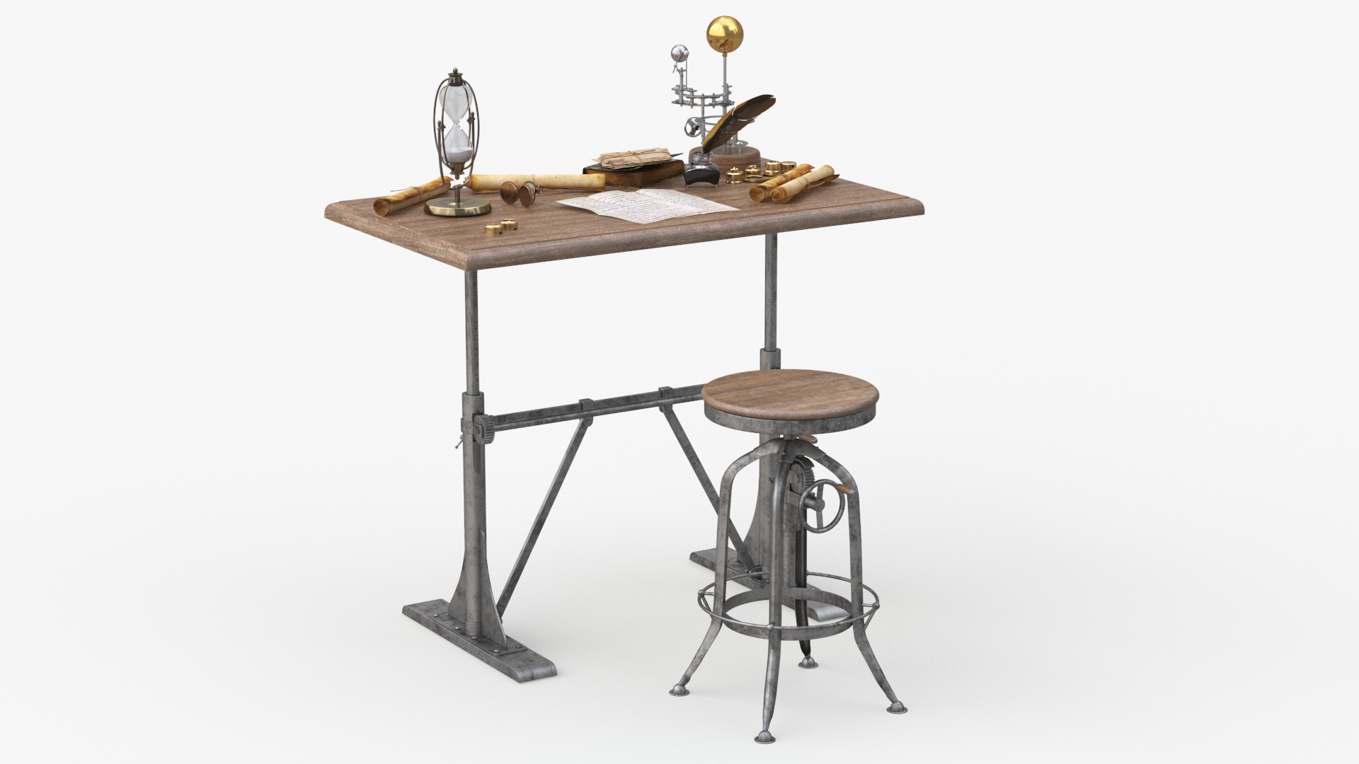 Vintage Desk with Old Stuff and Stool 3D