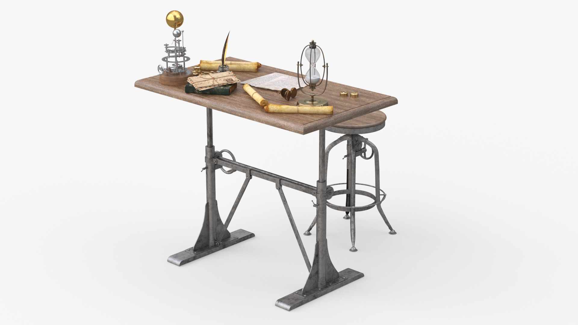 Vintage Desk with Old Stuff and Stool 3D