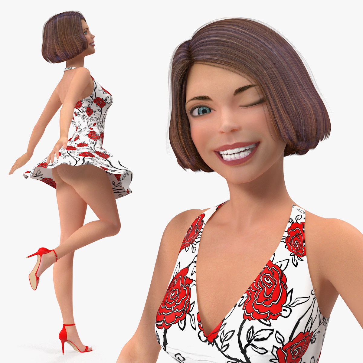 Cartoon Young Woman Romantic Dress Rigged
