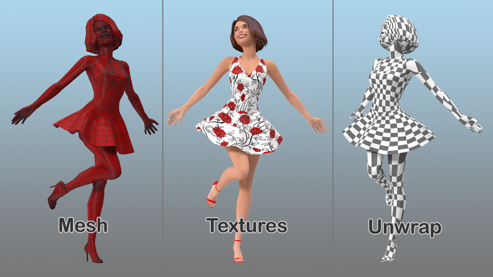 3D model Cartoon Young Girl Romantic Dress Rigged