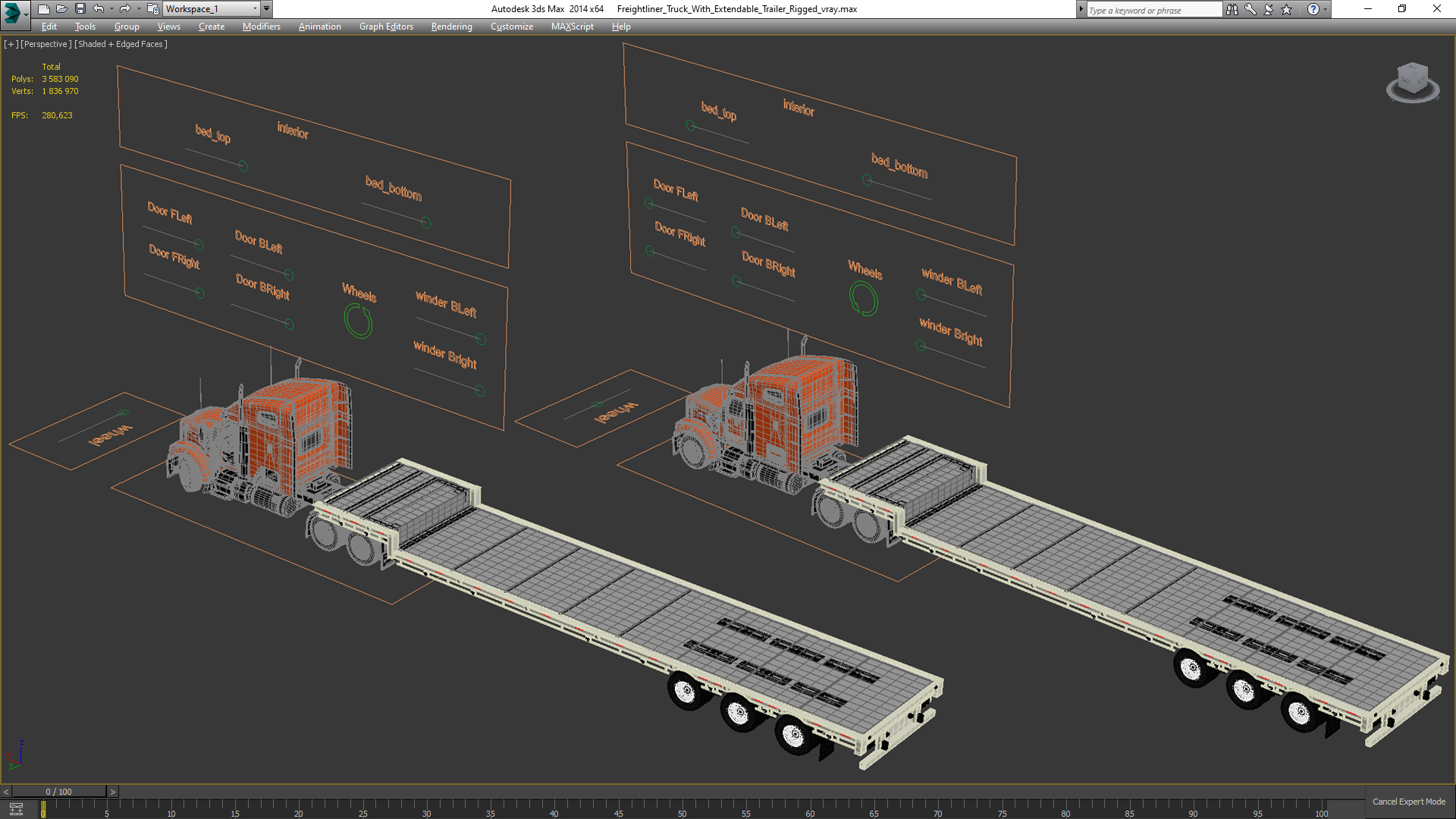 Freightliner Truck With Extendable Trailer Rigged 3D model