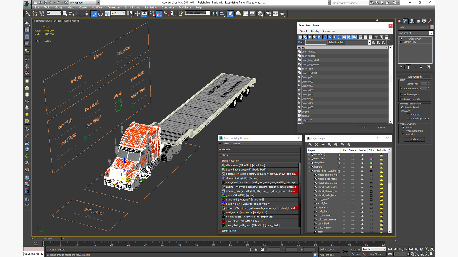 Freightliner Truck With Extendable Trailer Rigged 3D model