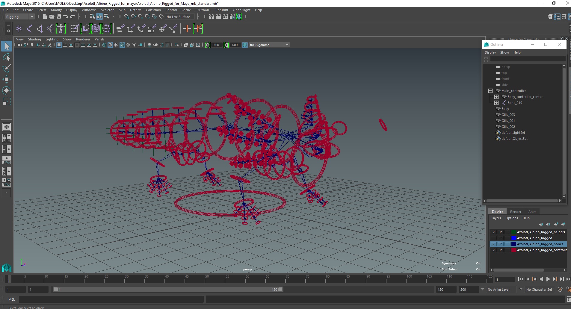 3D model Gold Albino Axolotl Rigged for Maya