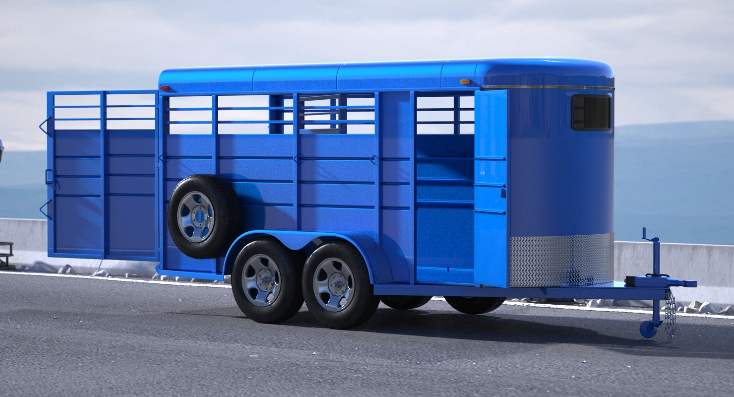 3D Three Horse Slant Blue Horse Trailer