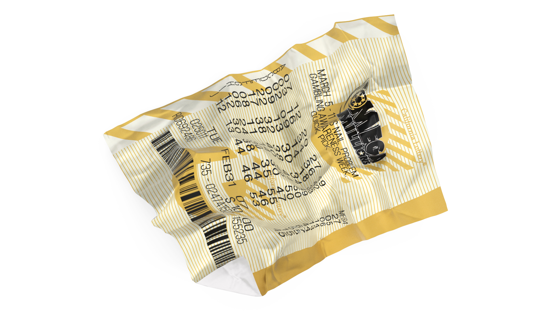 Crumpled Mega Millions Lottery Ticket 3D