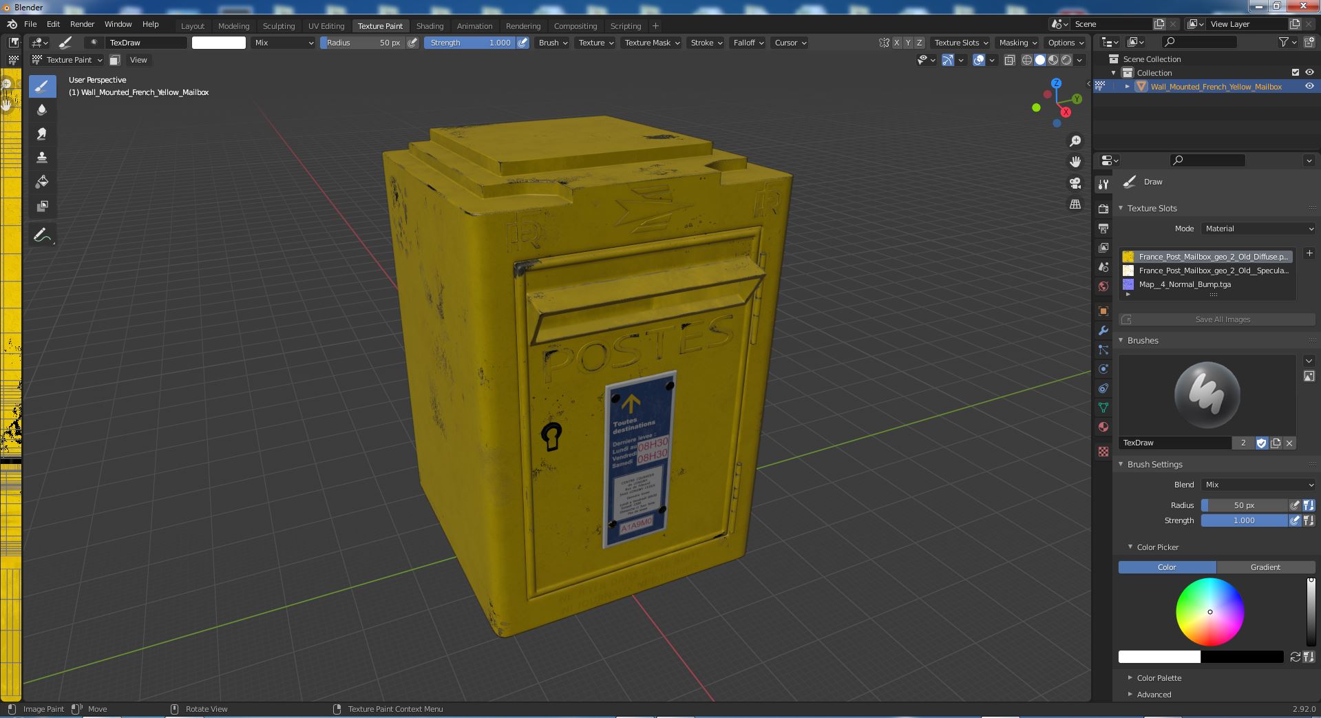 Wall Mounted French Yellow Mailbox 3D model