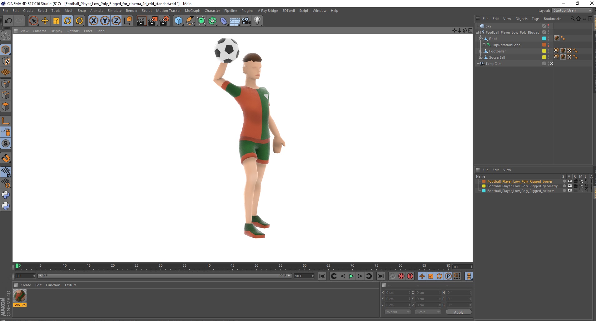 3D model Football Player Low Poly Rigged for Cinema 4D