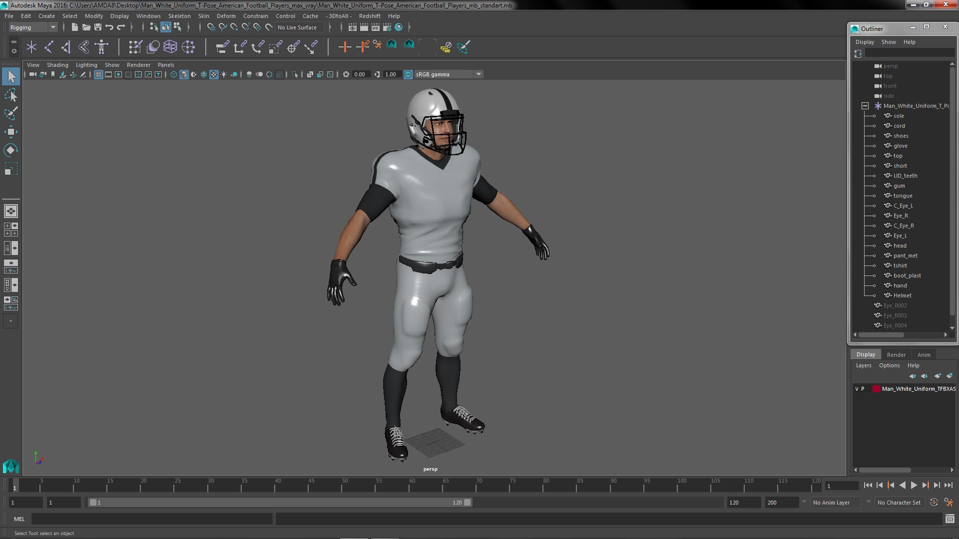 3D model Man White Uniform T-Pose American Football Players