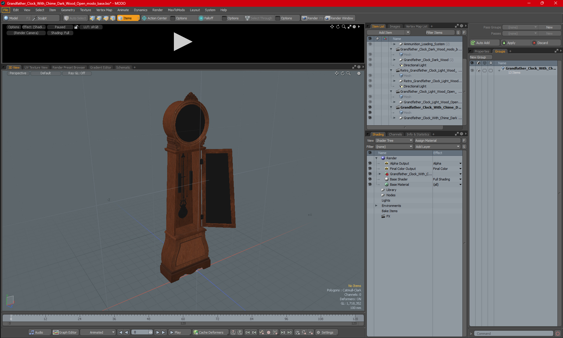 3D Grandfather Clock With Chime Dark Wood Open model