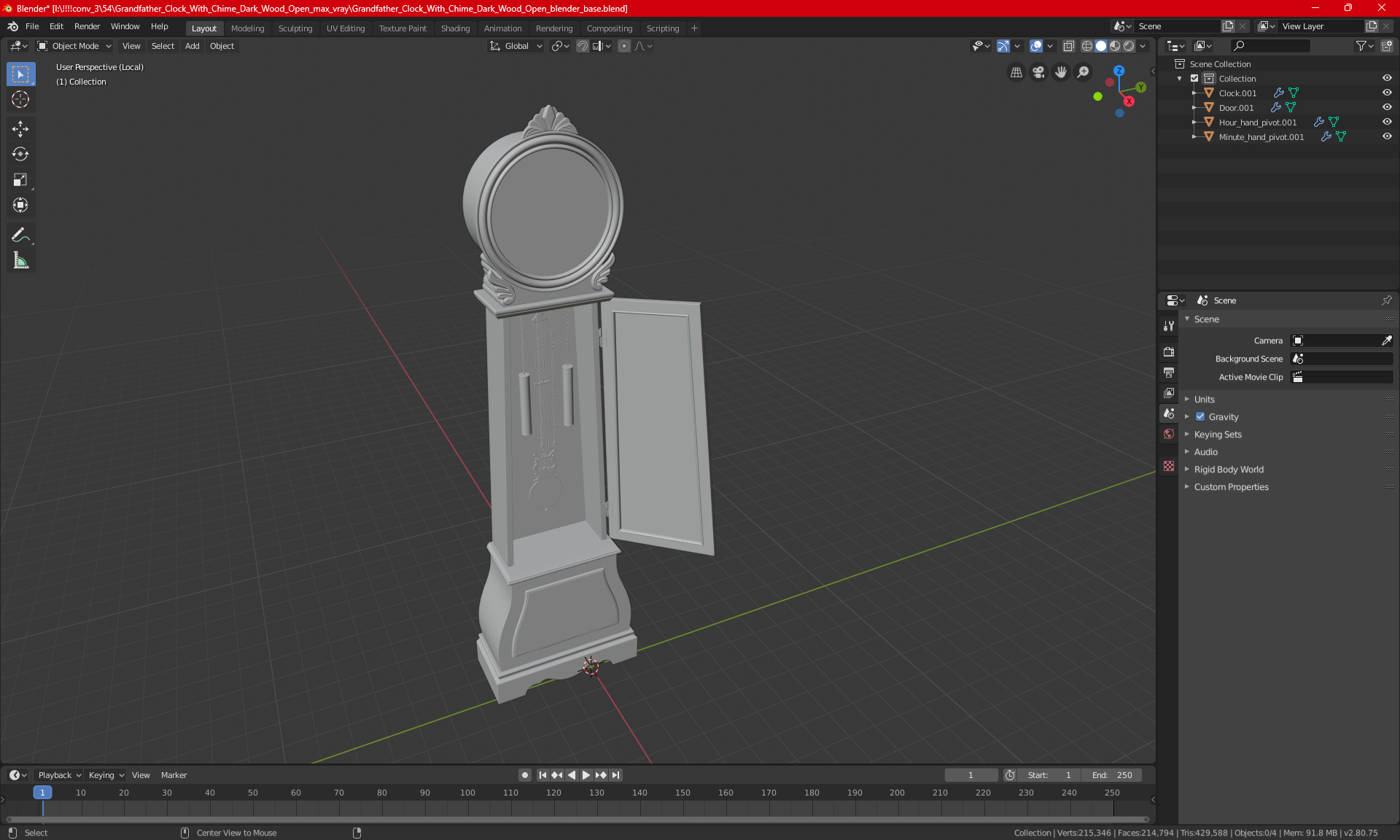 3D Grandfather Clock With Chime Dark Wood Open model