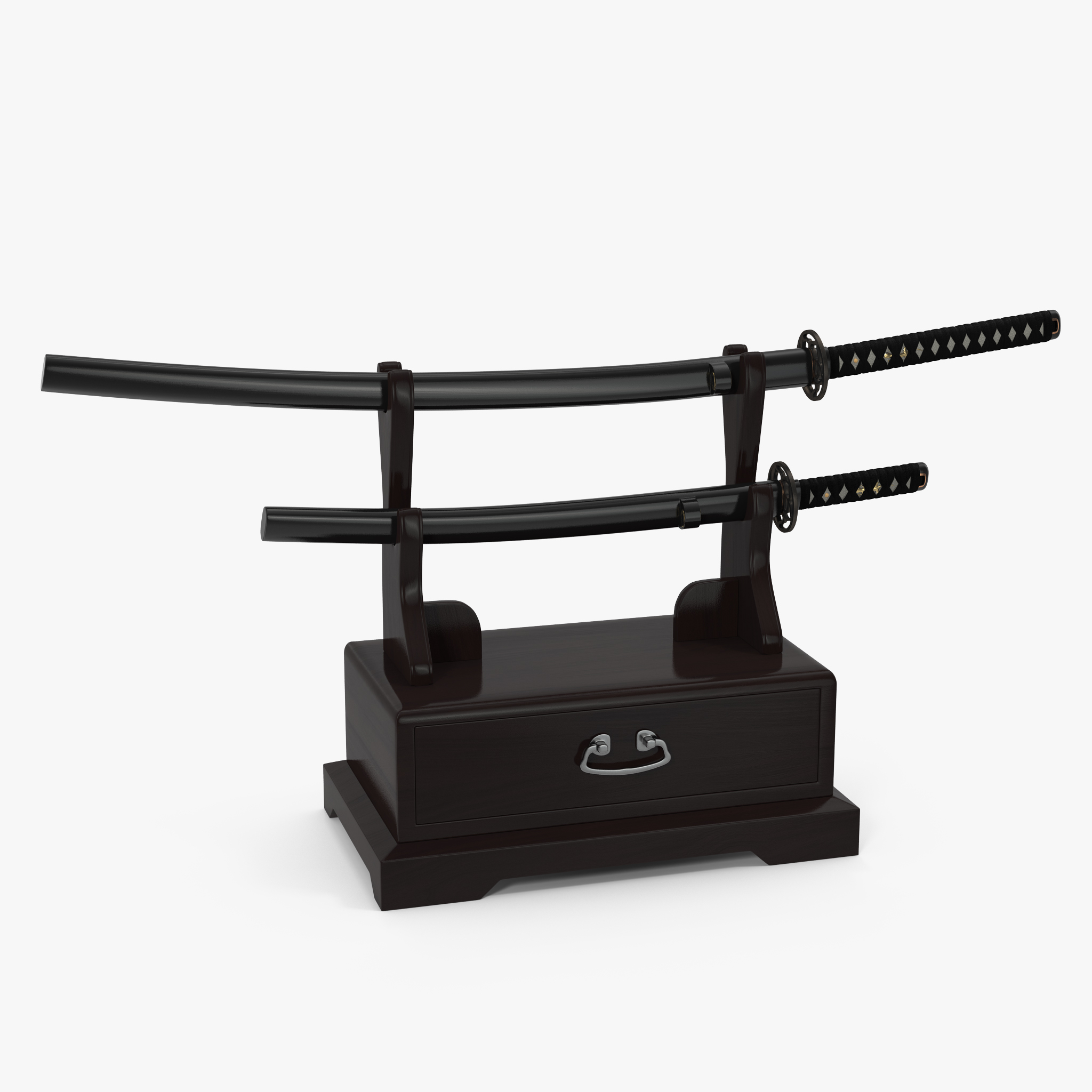 Double Katana Stand with Drawer Set 3D Model, view 3