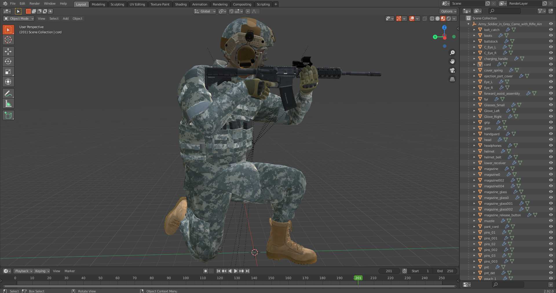 3D Army Soldier in Grey Camo with Rifle Aiming model