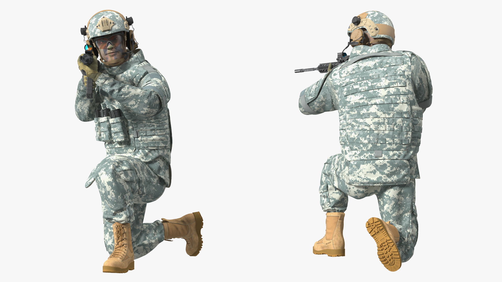3D Army Soldier in Grey Camo with Rifle Aiming model