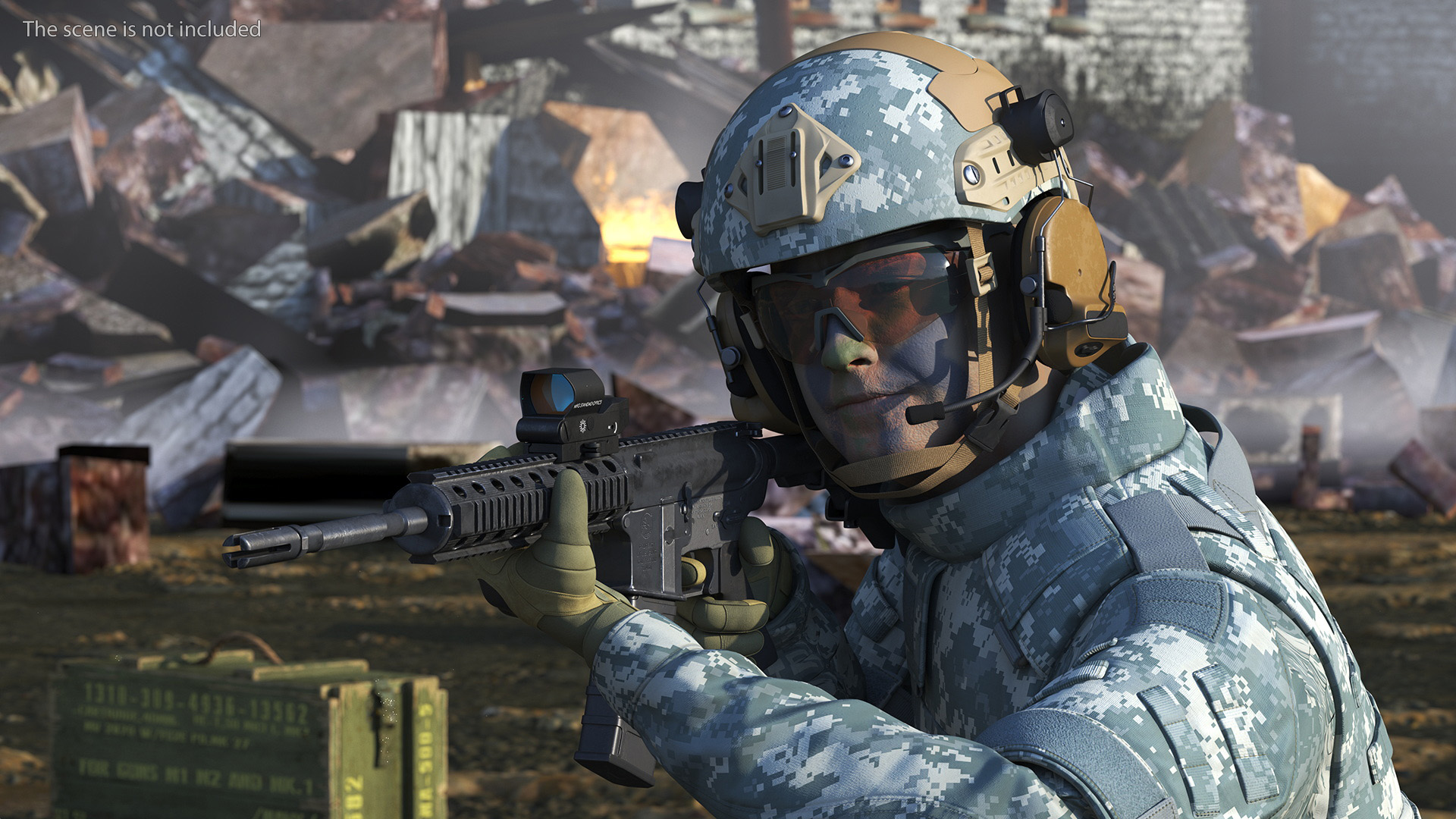 3D Army Soldier in Grey Camo with Rifle Aiming model