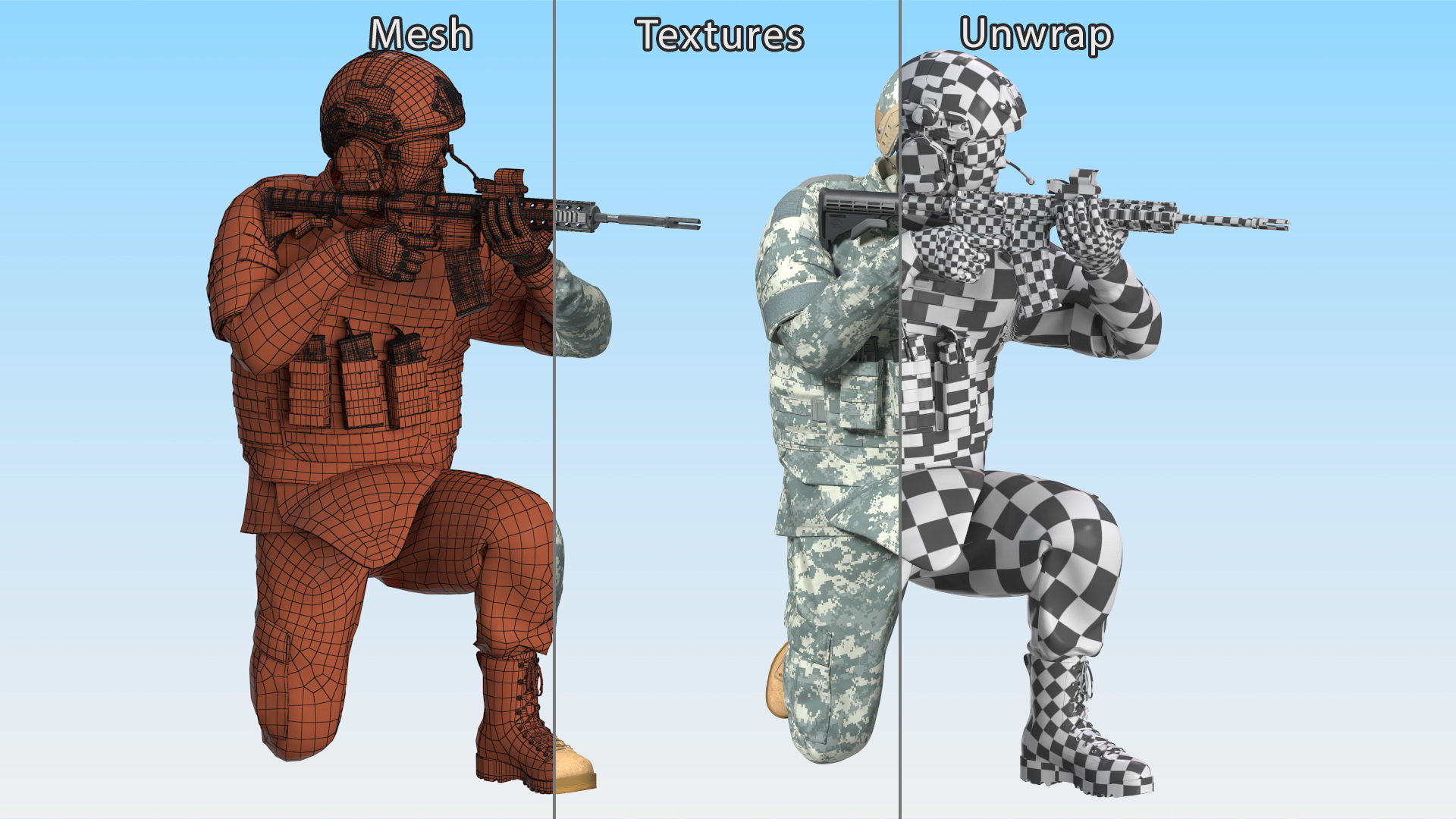 3D Army Soldier in Grey Camo with Rifle Aiming model