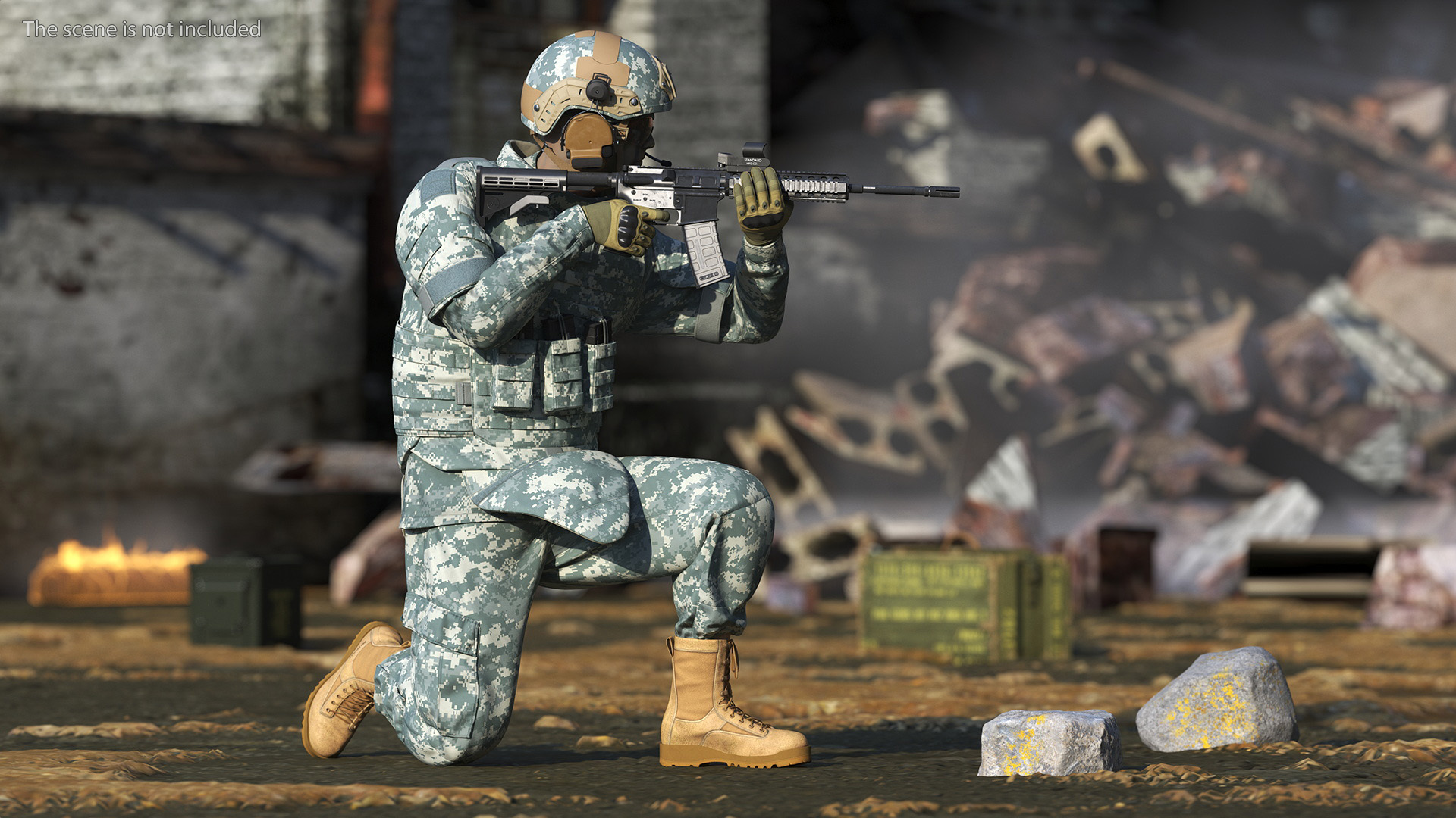 3D Army Soldier in Grey Camo with Rifle Aiming model