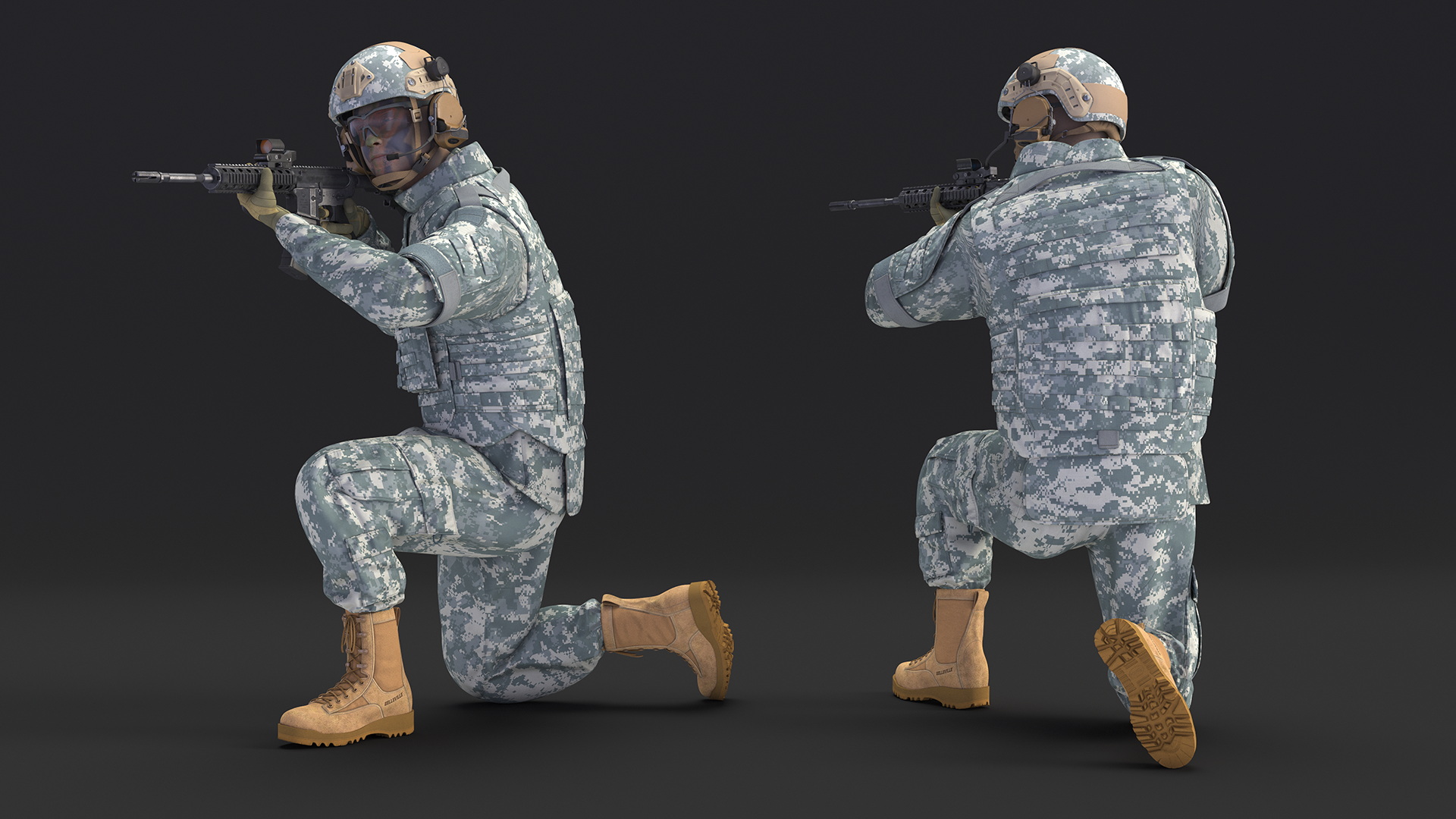 3D Army Soldier in Grey Camo with Rifle Aiming model