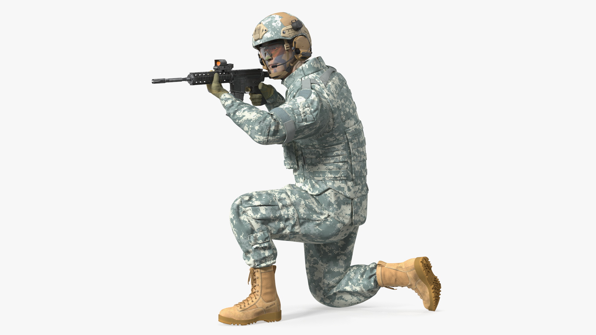 3D Army Soldier in Grey Camo with Rifle Aiming model