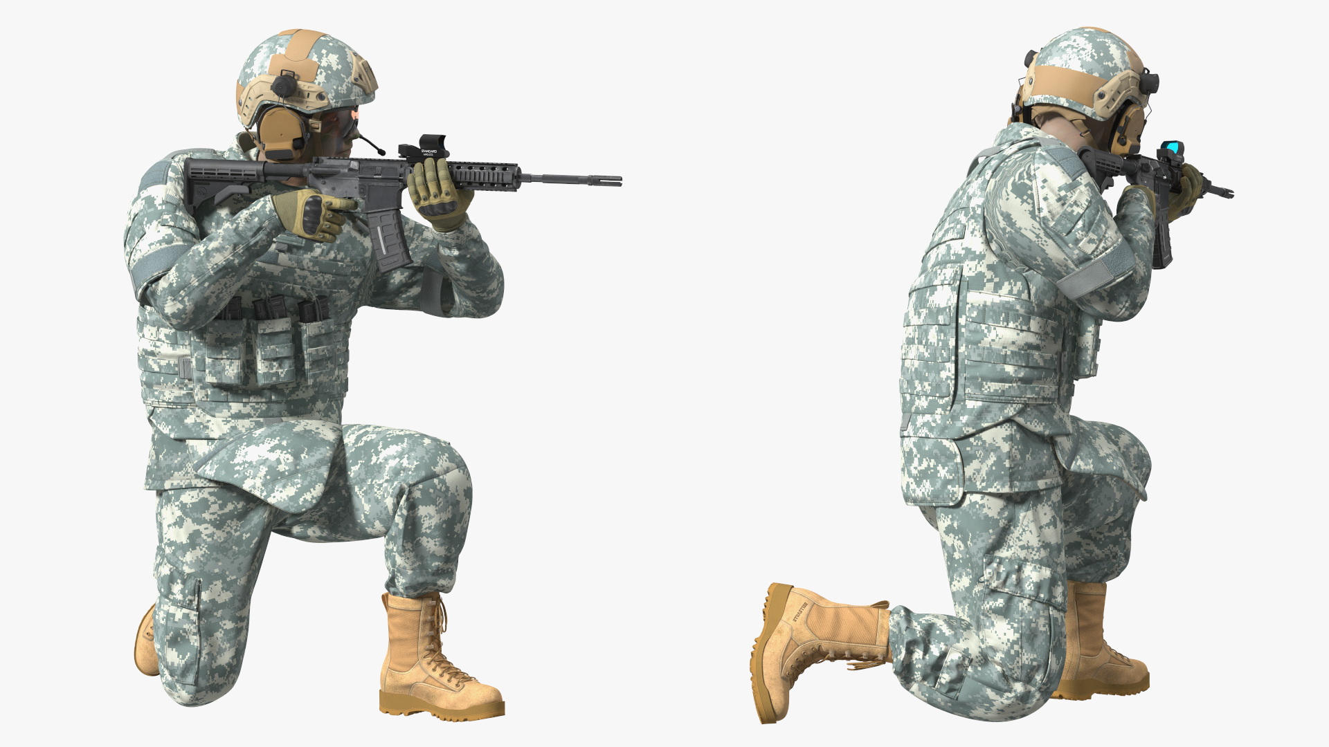 3D Army Soldier in Grey Camo with Rifle Aiming model
