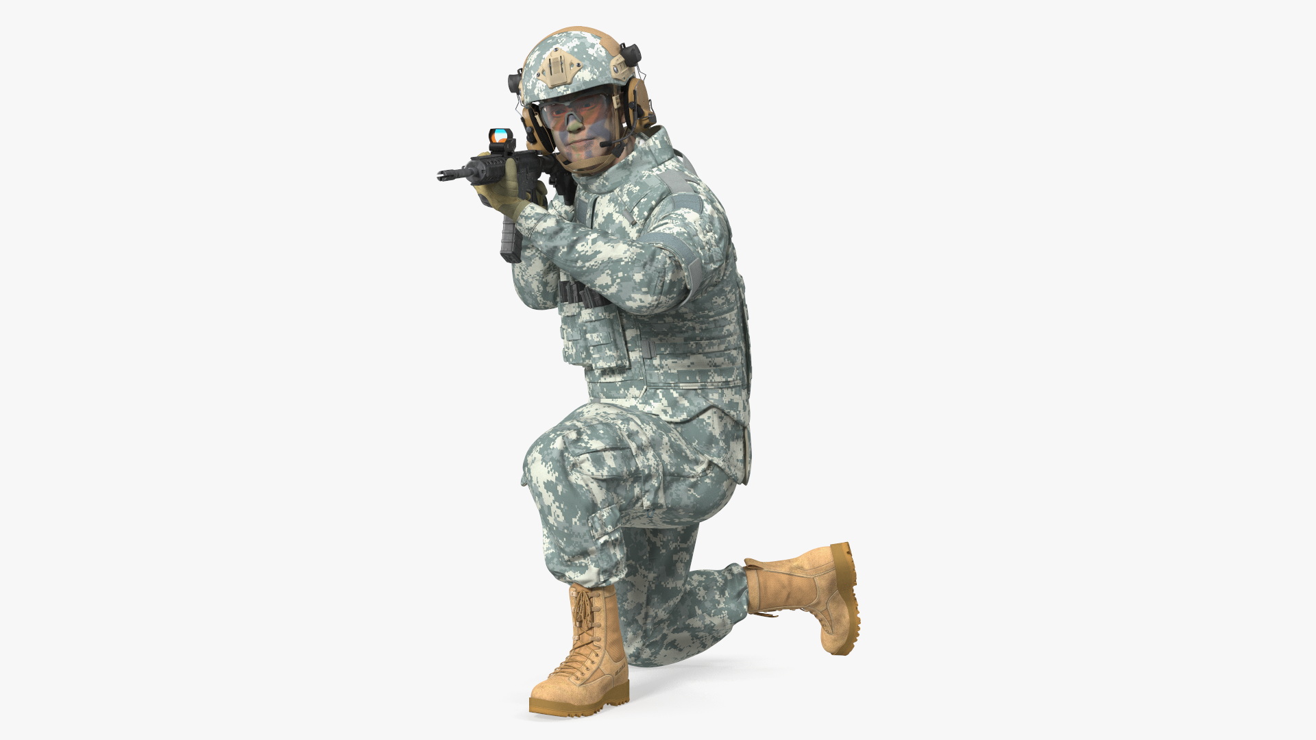 3D Army Soldier in Grey Camo with Rifle Aiming model