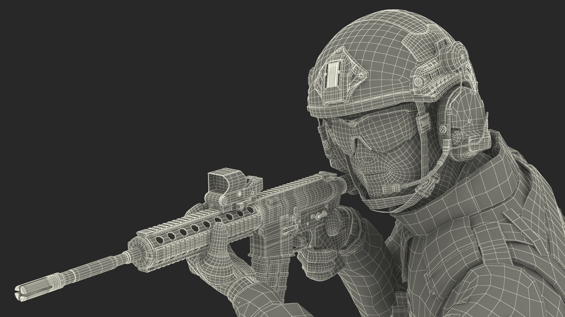 3D Army Soldier in Grey Camo with Rifle Aiming model