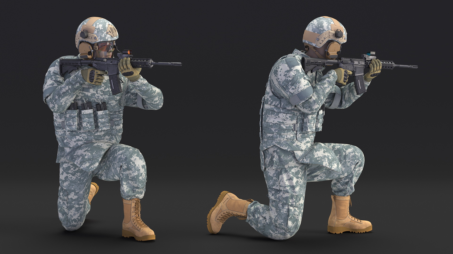 3D Army Soldier in Grey Camo with Rifle Aiming model
