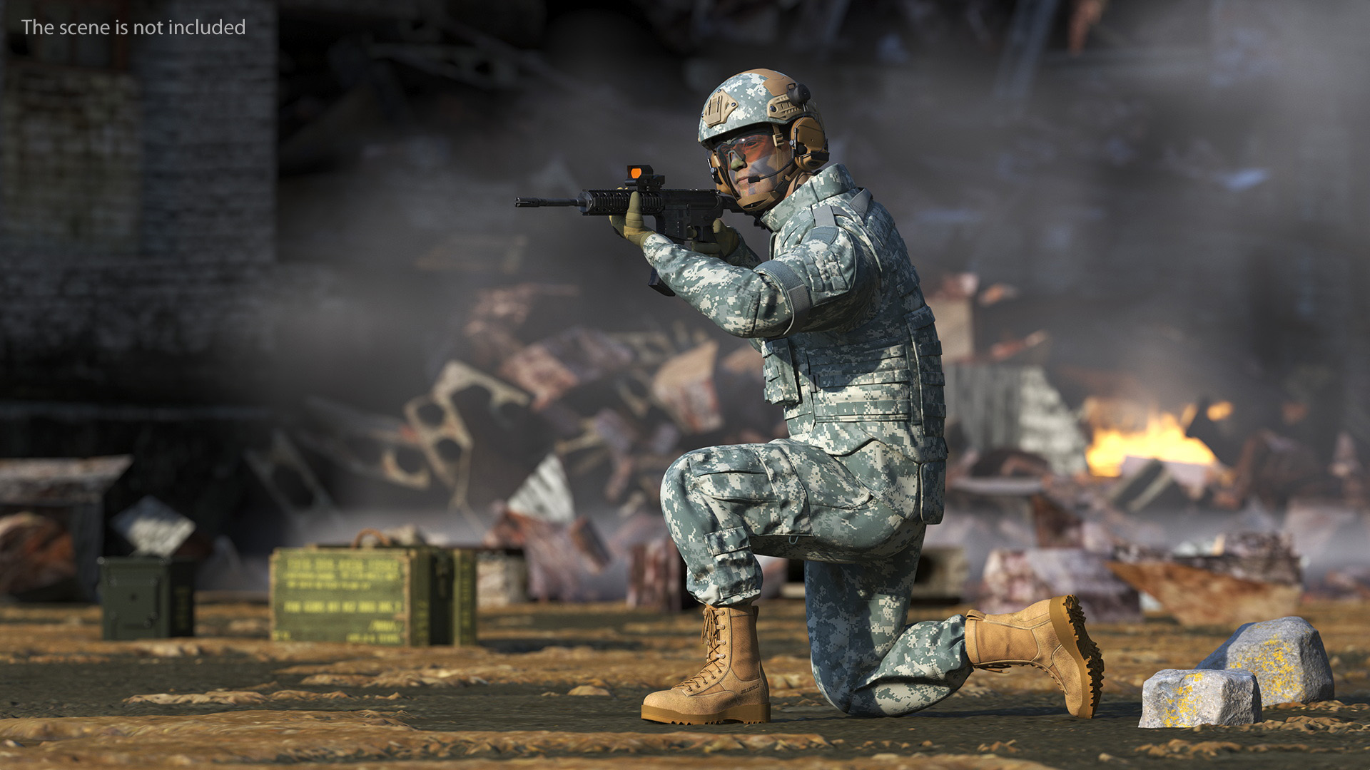 3D Army Soldier in Grey Camo with Rifle Aiming model