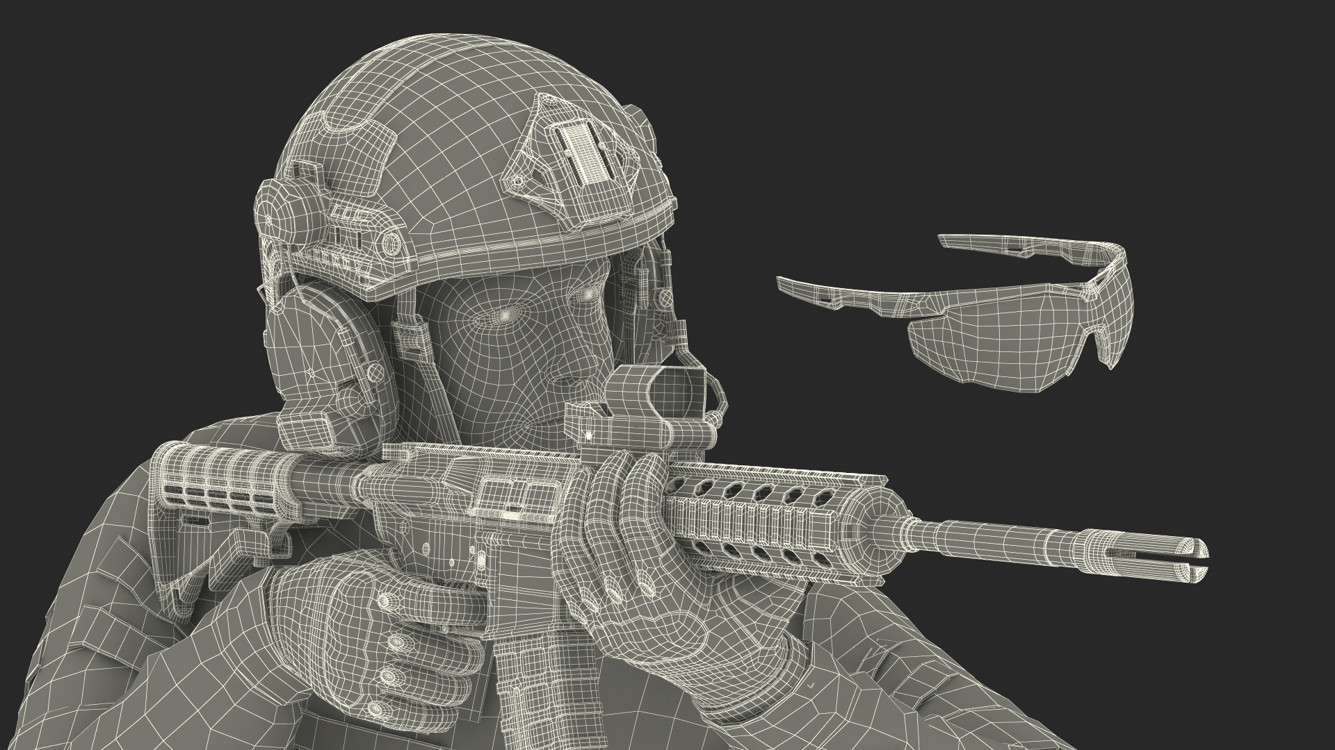 3D Army Soldier in Grey Camo with Rifle Aiming model