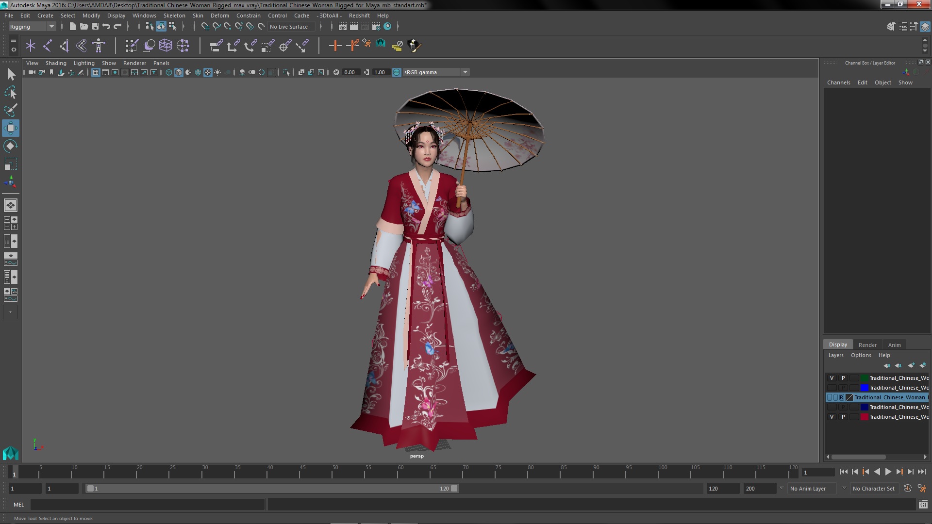3D Traditional Chinese Woman Rigged for Maya