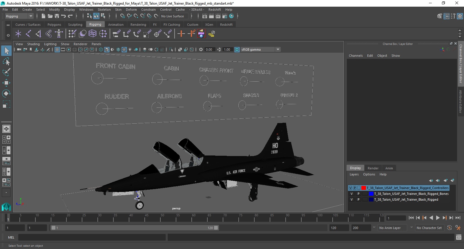 T-38 Talon USAF Jet Trainer Black Rigged for Maya 3D model