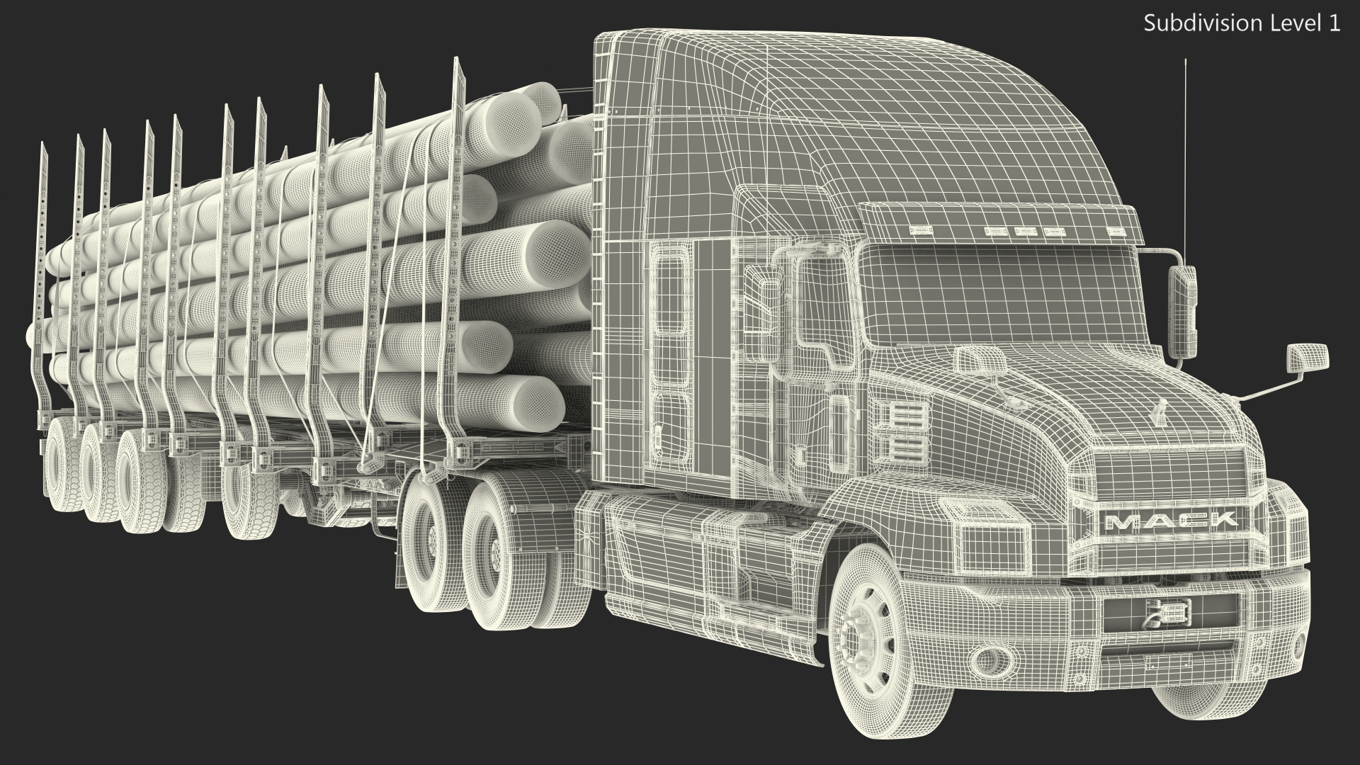 3D model Mack Anthem Truck With Logging Trailer Rigged