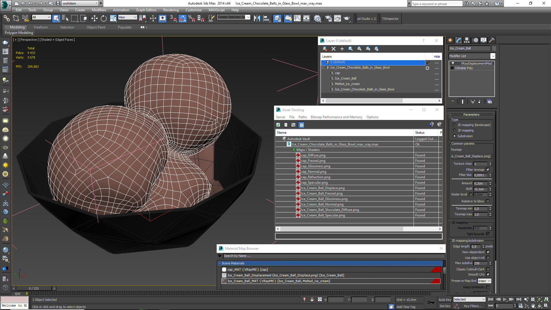 Ice Cream Chocolate Balls in Glass Bowl 3D model